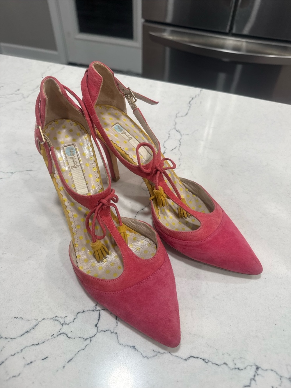 Boden “Alice” Pink Suede Ankle Strap Heels Yellow Tassels 7.5- 8 (38)